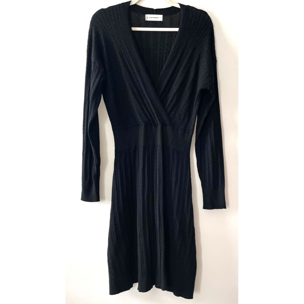 Lucky Brand Black Cable Knit V-Neck Sweater Dress Women’s M Long Sleeve
